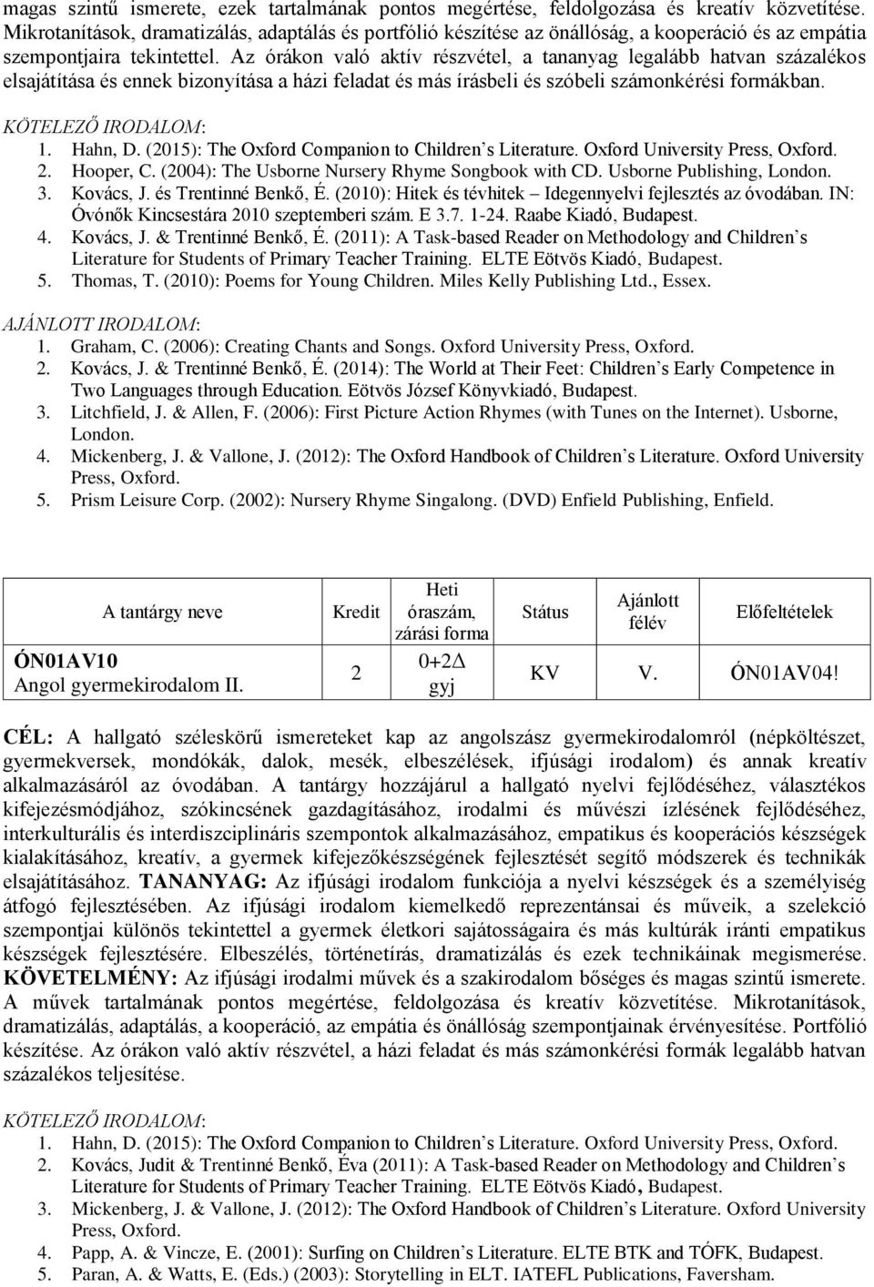 Az órákon való aktív részvétel, a tananyag legalább hatvan százalékos elsajátítása és ennek bizonyítása a házi feladat és más írásbeli és szóbeli számonkérési formákban. 1. Hahn, D.