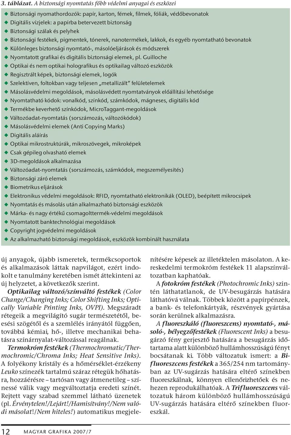 Biztonsági szálak és pelyhek w Biztonsági festékek, pigmentek, tónerek, nanotermékek, lakkok, és egyéb nyomtatható bevonatok w Különleges biztonsági nyomtató-, másolóeljárások és módszerek w