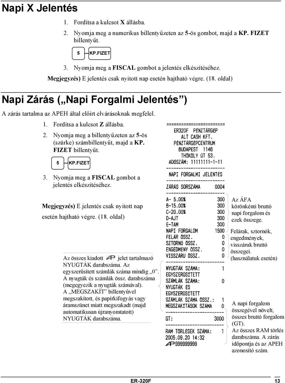 oldal) Napi Zárás ( Napi Forgalmi Jelentés ) A zárás tartalma az APEH által előírt elvárásoknak megfelel. 1. Fordítsa a kulcsot Z állásba. 2.