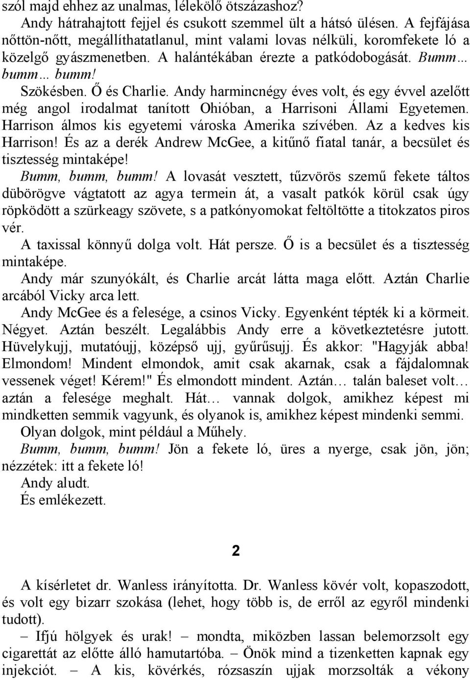 Andy harmincnégy éves volt, és egy évvel azelőtt még angol irodalmat tanított Ohióban, a Harrisoni Állami Egyetemen. Harrison álmos kis egyetemi városka Amerika szívében. Az a kedves kis Harrison!