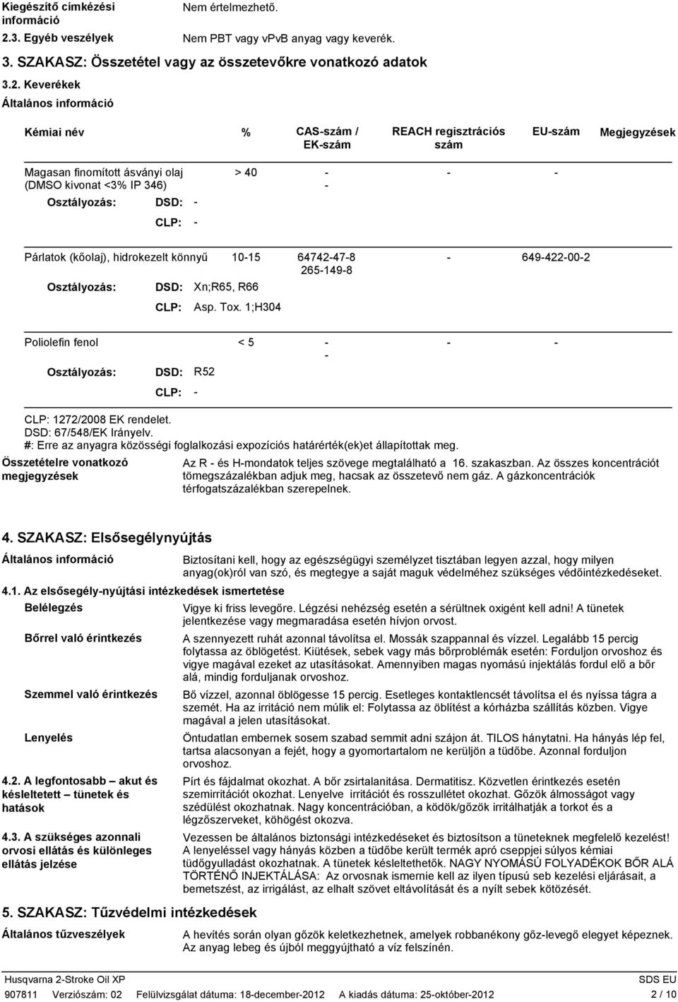 Keverékek Általános információ Kémiai név % CASszám / EKszám REACH regisztrációs szám EUszám Megjegyzések olaj (DMSO kivonat <3% IP 346) > 40 Osztályozás: DSD: CLP: t könnyű 1015 64742478 2651498