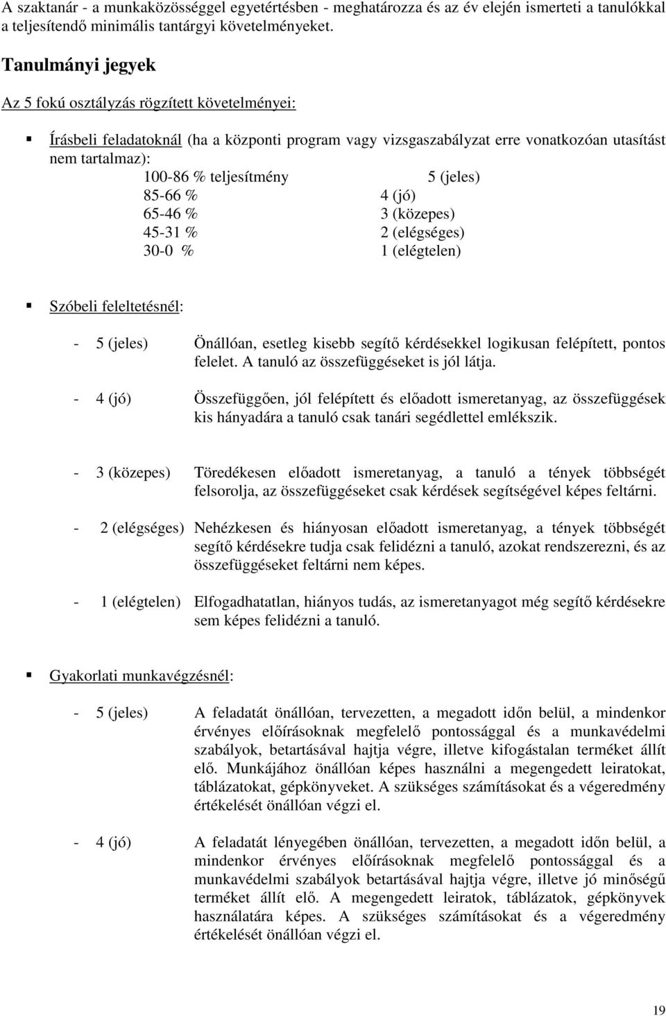(jeles) 85-66 % 4 (jó) 65-46 % 3 (közepes) 45-31 % 2 (elégséges) 30-0 % 1 (elégtelen) Szóbeli feleltetésnél: - 5 (jeles) Önállóan, esetleg kisebb segítı kérdésekkel logikusan felépített, pontos