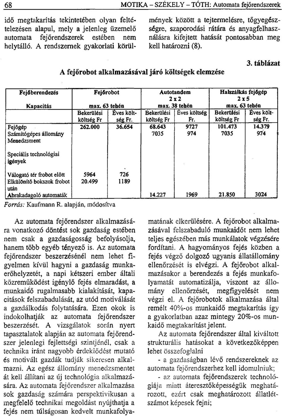 A fejőrobot alkalmazásával járó költségek elemzése 3. táblázat Fejőberendezés Kapacitás Fejőgép Számítógépes állomány Menedzsment Speciális technológiai igények Fejőrobot max.