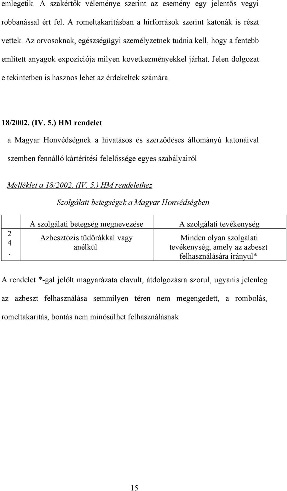 18/2002. (IV. 5.) HM rendelet a Magyar Honvédségnek a hivatásos és szerződéses állományú katonáival szemben fennálló kártérítési felelőssége egyes szabályairól Melléklet a 18/2002. (IV. 5.) HM rendelethez Szolgálati betegségek a Magyar Honvédségben 2 4.