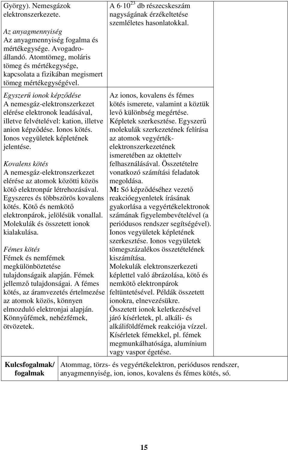 Egyszerű ionok képződése A nemesgáz-elektronszerkezet elérése elektronok leadásával, illetve felvételével: kation, illetve anion képződése. Ionos kötés. Ionos vegyületek képletének jelentése.