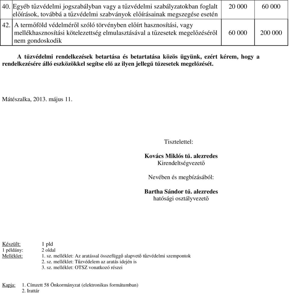 rendelkezések betartása és betartatása közös ügyünk, ezért kérem, hogy a rendelkezésére álló eszközökkel segítse elő az ilyen jellegű tűzesetek megelőzését. Mátészalka, 2013. május 11.