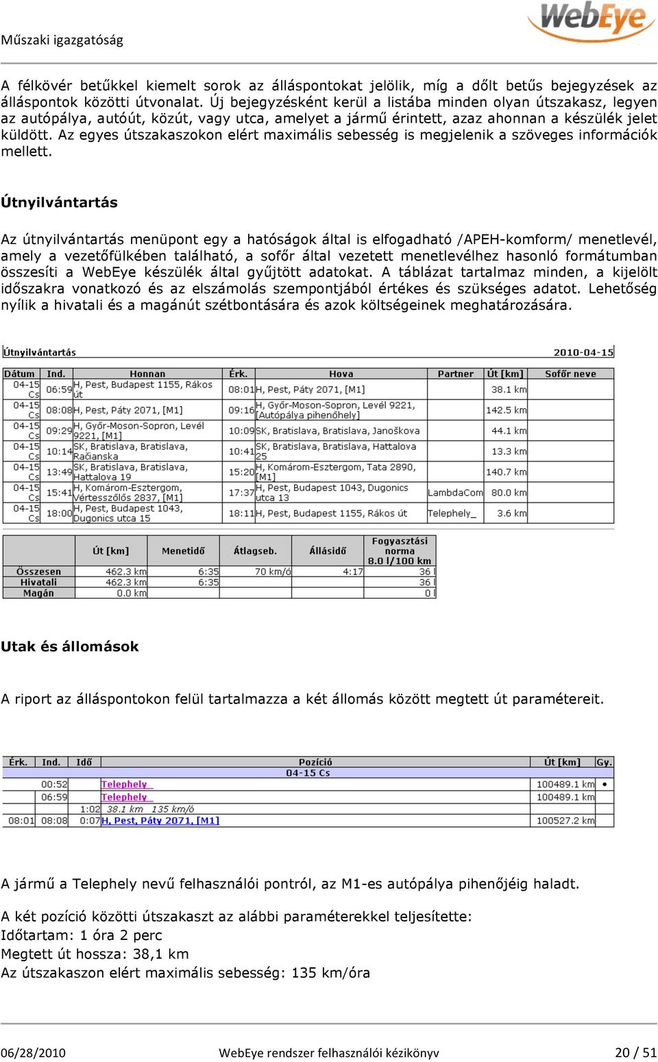 Az egyes útszakaszokon elért maximális sebesség is megjelenik a szöveges információk mellett.