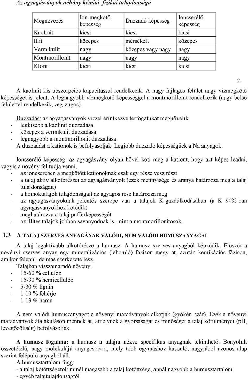 A legnagyobb vízmegkötő képességgel a montmorillonit rendelkezik (nagy belső felülettel rendelkezik, zeg-zugos). Duzzadás: az agyagásványok vízzel érintkezve térfogatukat megnövelik.