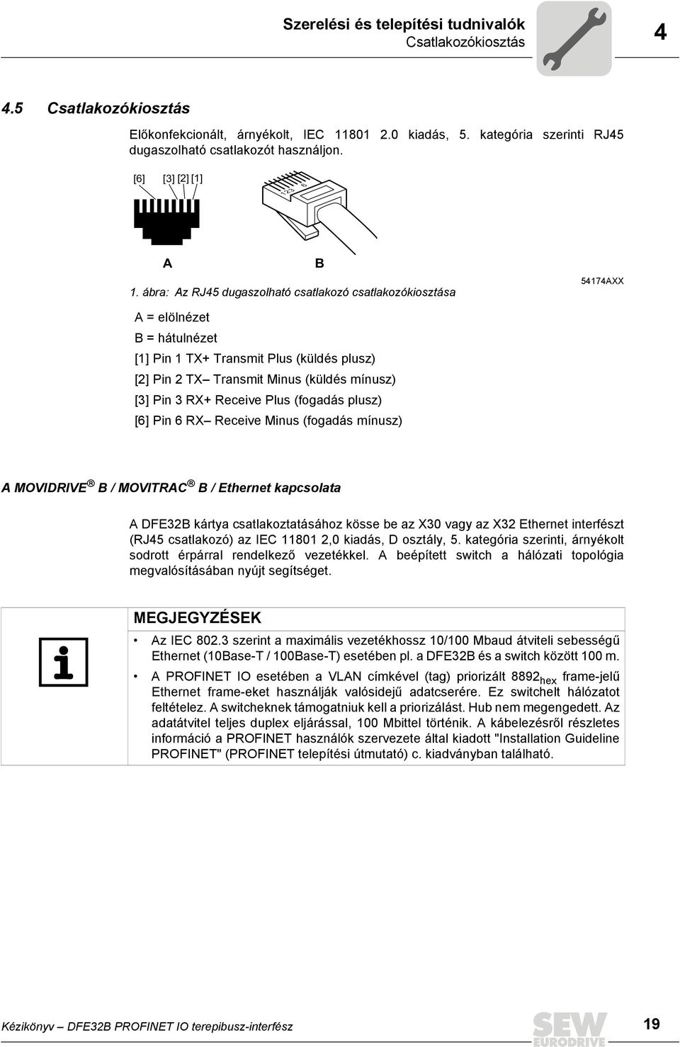 ábra: Az RJ45 dugaszolható csatlakozó csatlakozókiosztása B 54174AXX A = elölnézet B = hátulnézet [1] Pin 1 TX+ Transmit Plus (küldés plusz) [2] Pin 2 TX Transmit Minus (küldés mínusz) [3] Pin 3 RX+