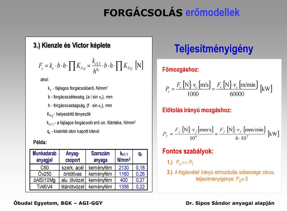 Főmozgáshoz: P c F c N vc m/s Fc Nvc m/min kw 1000 Előtolás irányú mozgáshoz: 60000 Példa: k c1.1 - a fajlagos forgácsoló erő ún.