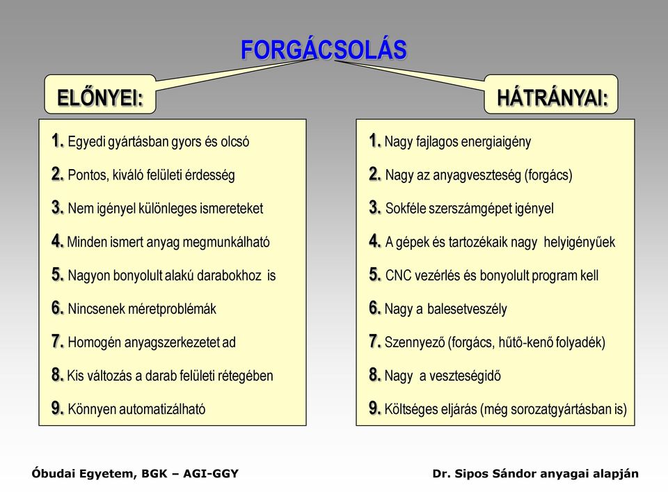 Könnyen automatizálható HÁTRÁNYAI: 1. Nagy fajlagos energiaigény 2. Nagy az anyagveszteség (forgács) 3. Sokféle szerszámgépet igényel 4.