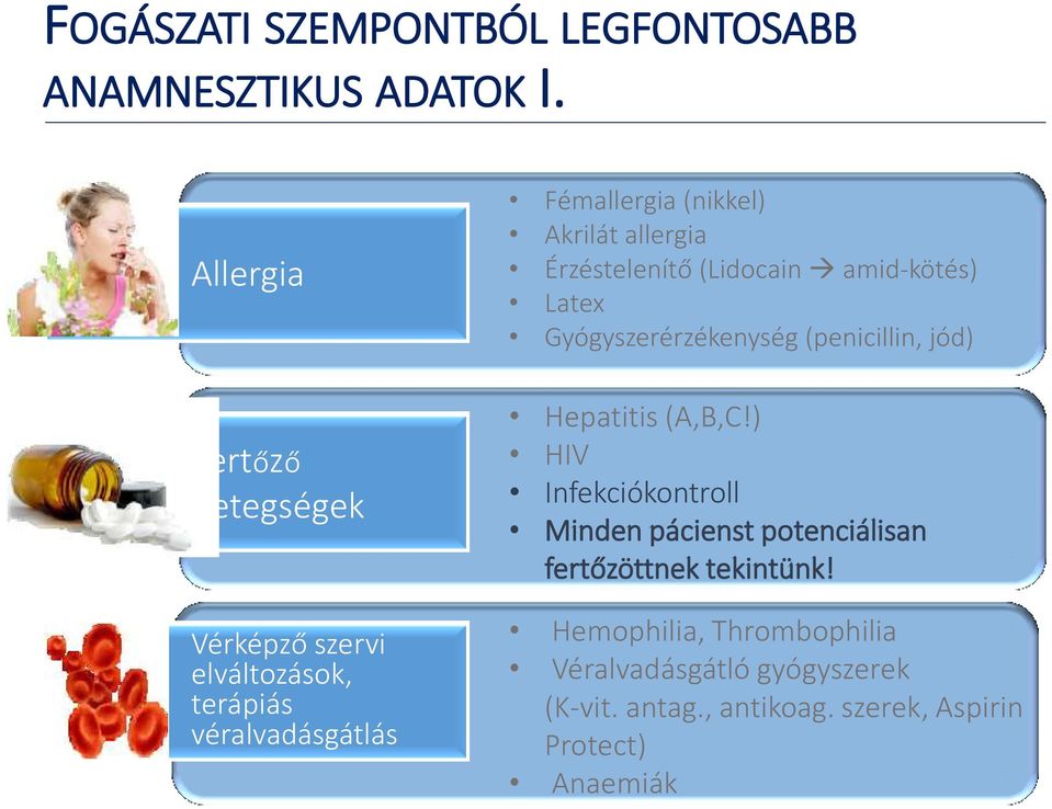 allergia Érzéstelenítő (Lidocain amid-kötés) Latex Gyógyszerérzékenység (penicillin, jód) Hepatitis (A,B,C!