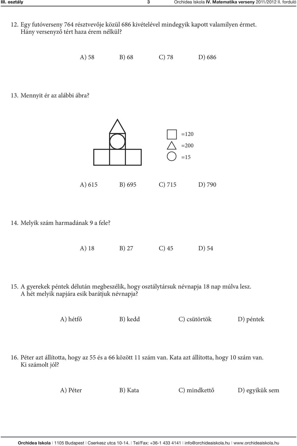 A) 18 B) 27 C) 45 D) 54 15. A gyerekek péntek délután megbeszélik, hogy osztálytársuk névnapja 18 nap múlva lesz. A hét melyik napjára esik barátjuk névnapja?