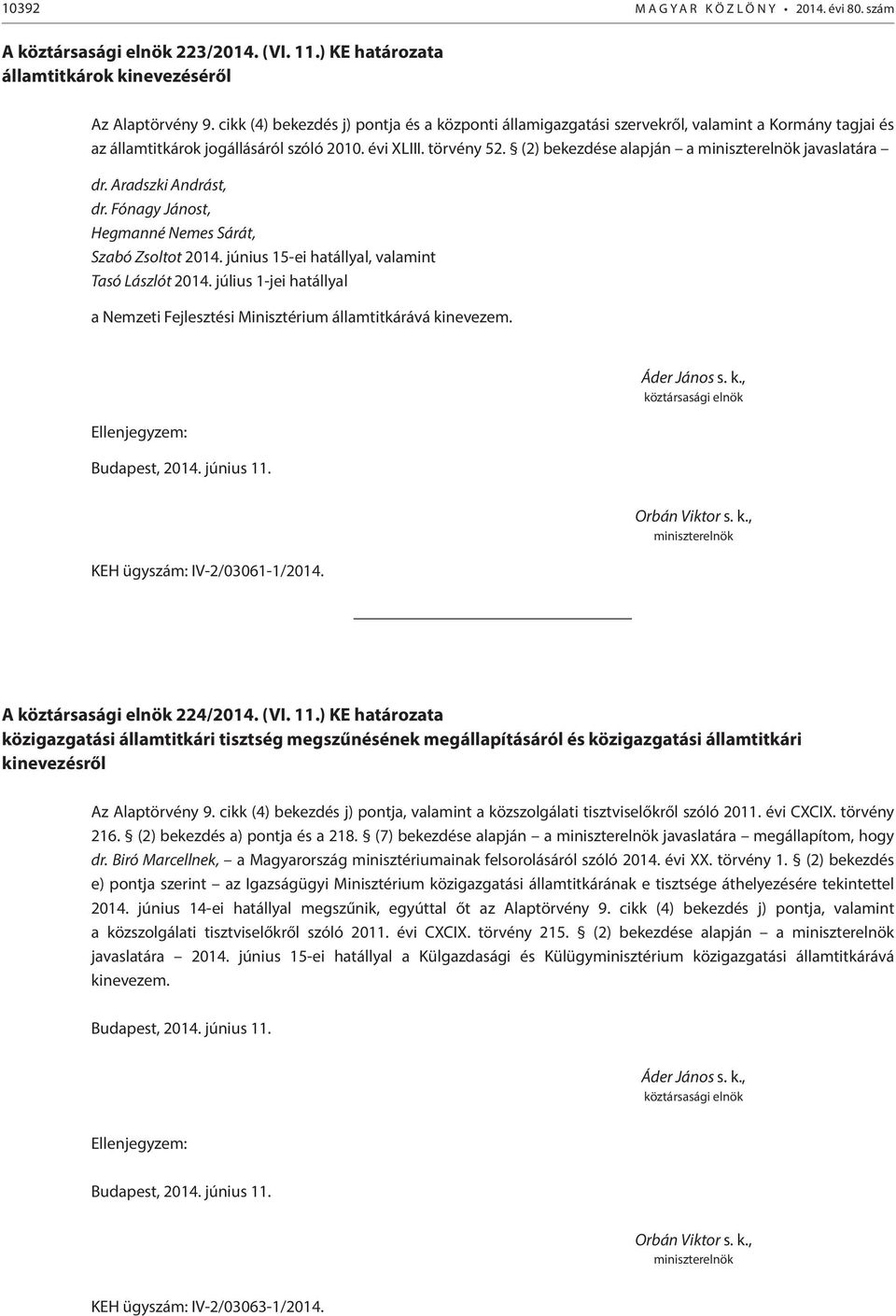 (2) bekezdése alapján a javaslatára dr. Aradszki Andrást, dr. Fónagy Jánost, Hegmanné Nemes Sárát, Szabó Zsoltot 2014. június 15-ei hatállyal, valamint Tasó Lászlót 2014.