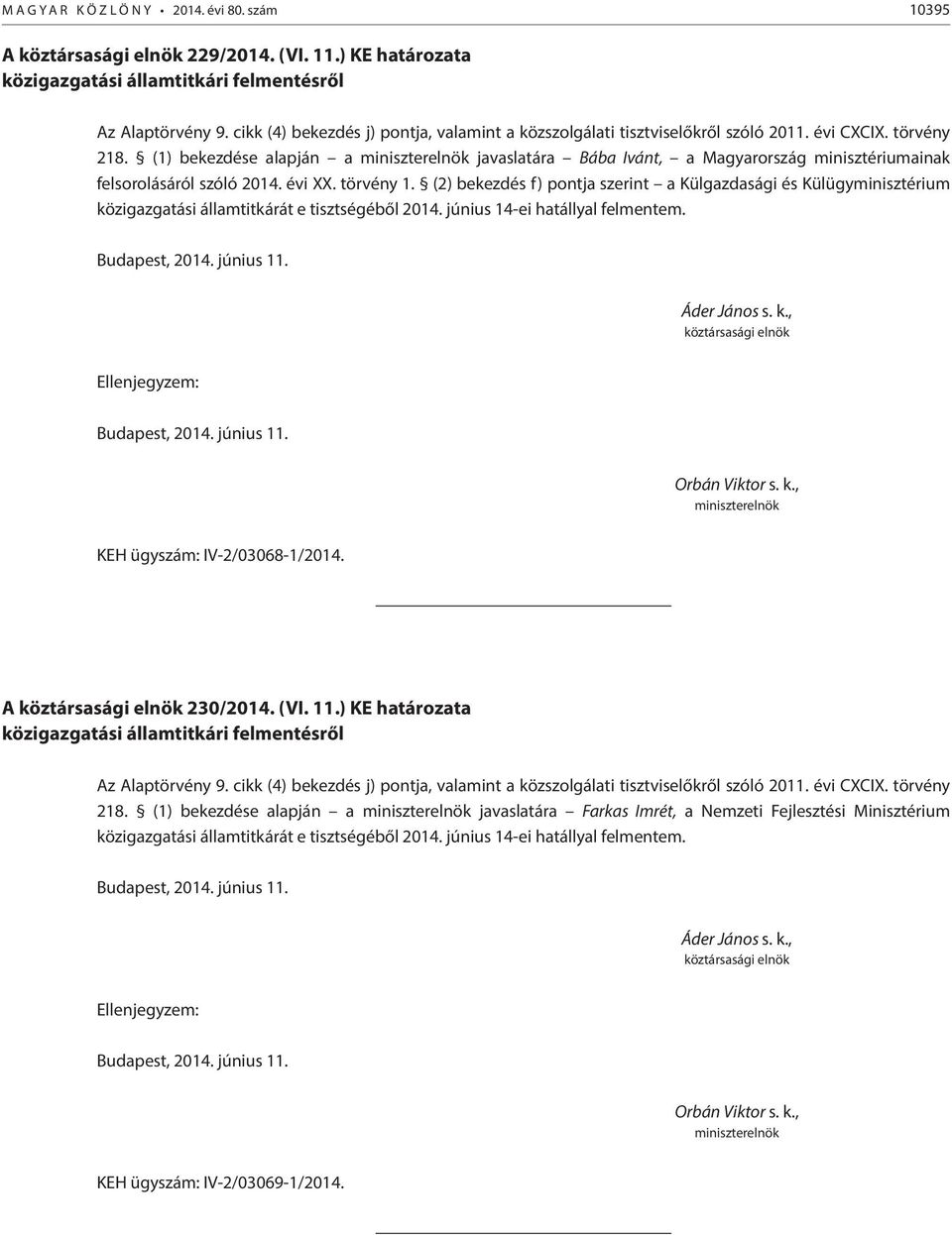 (1) bekezdése alapján a javaslatára Bába Ivánt, a Magyarország minisztériumainak felsorolásáról szóló 2014. évi XX. törvény 1.