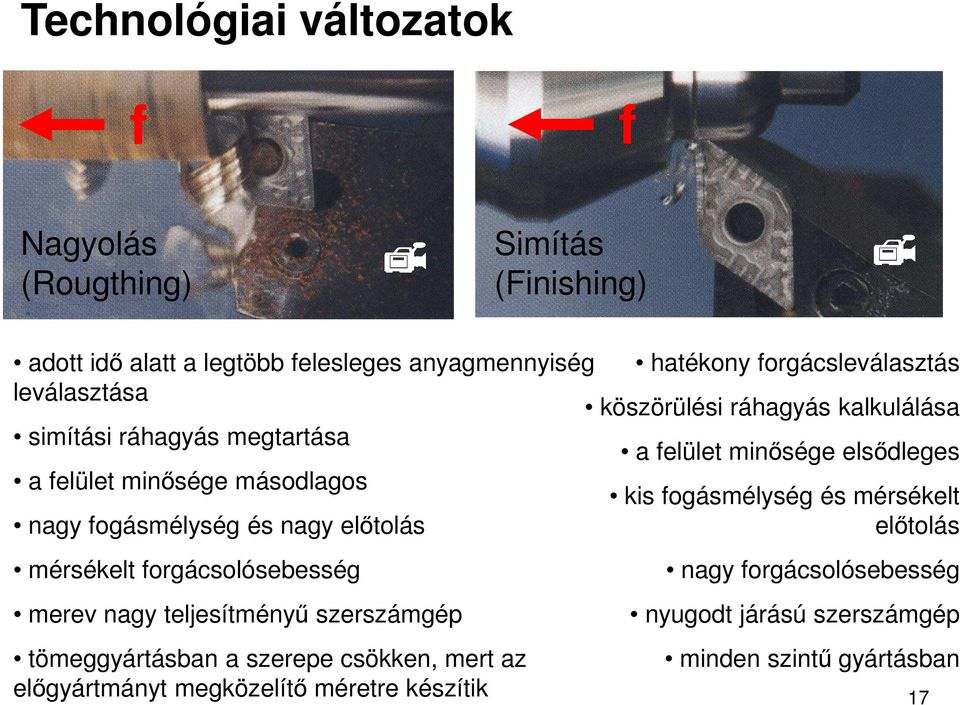 másodlagos kis fogásmélység és mérsékelt nagy fogásmélység és nagy elıtolás elıtolás mérsékelt forgácsolósebesség merev nagy teljesítményő