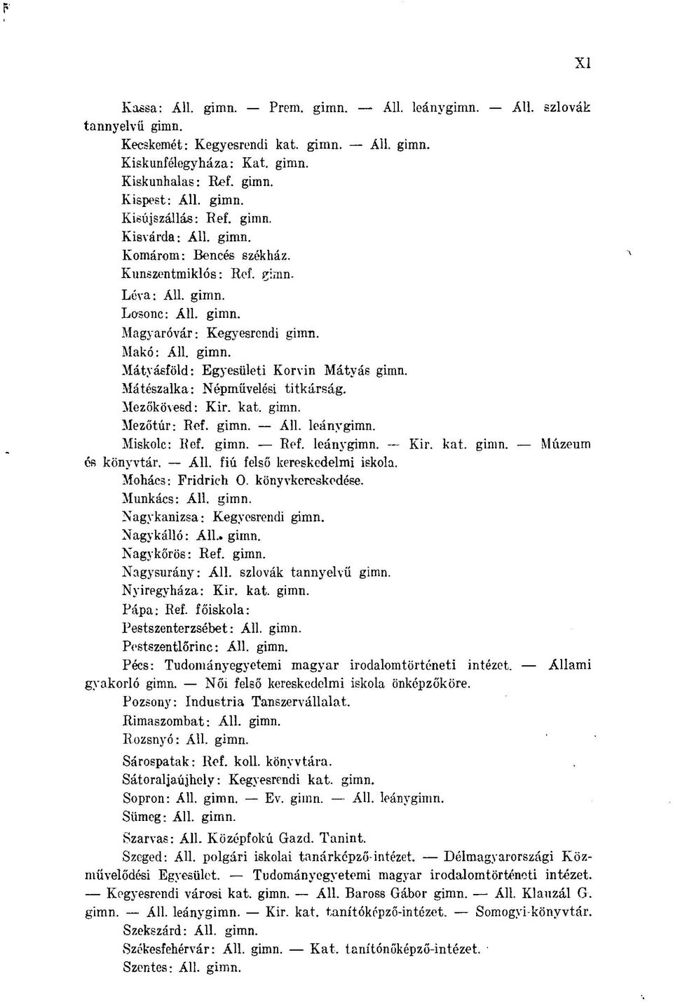 Mátészalka: Népművelési titkárság. Mezőkövesd: Kir. kat. gimn. Mezőtúr: Ref. gimn. Áll. leánygimn. Miskolc: Ref. gimn. Ref. leánygimn. Kir. kat. gimn. Múzeum és könyvtár. Áll. fiú felső kereskedelmi iskola.