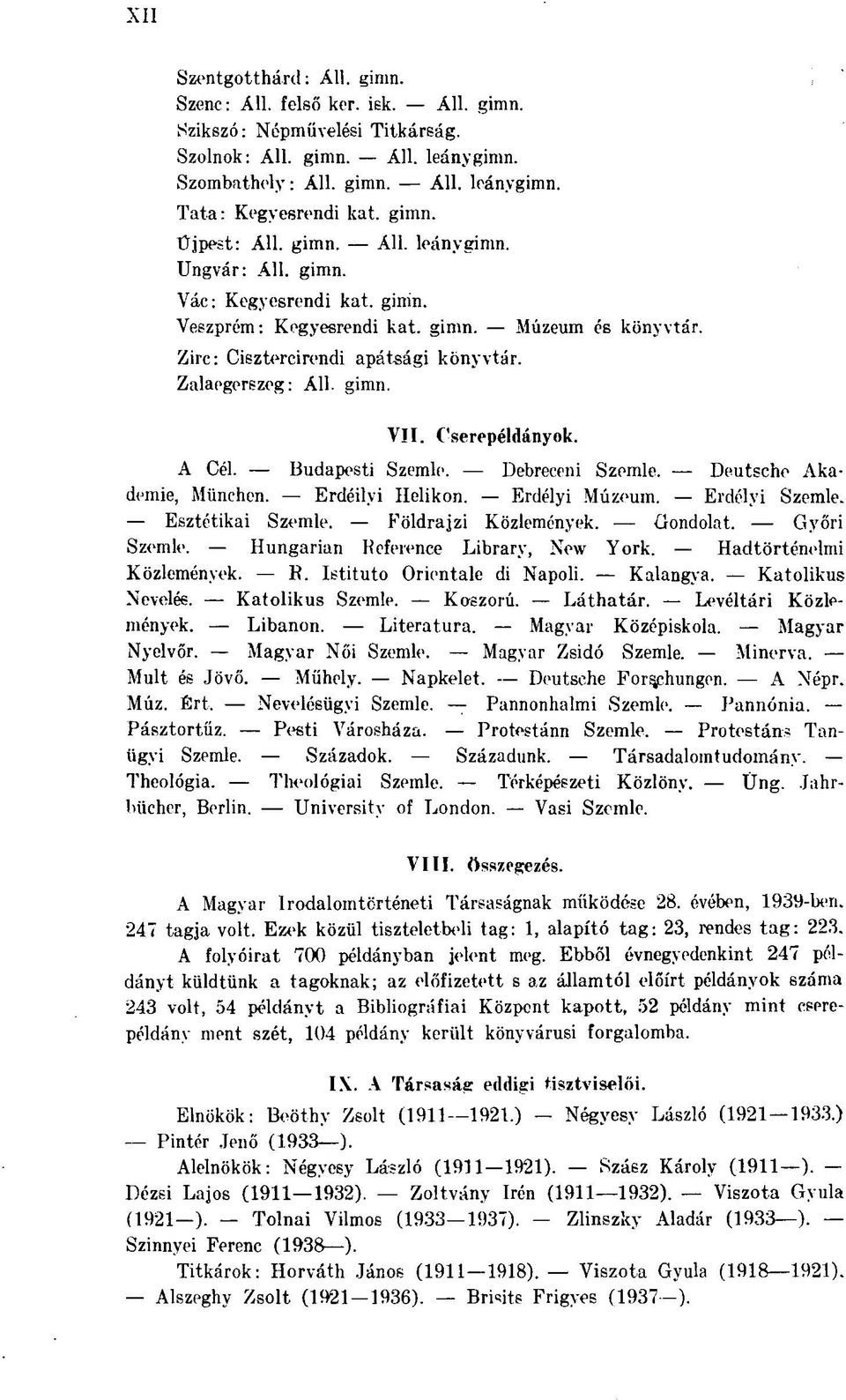 Zalaegerszeg: Áll. gimn. VII. f'serepéldányok. A Cél. Budapesti Szemle. Debreceni Szemle. Deutsche Akademie, München. Erdéilyi Helikon. Erdélyi Múzeum. Erdélyi Szemle. Esztétikai Szemle.