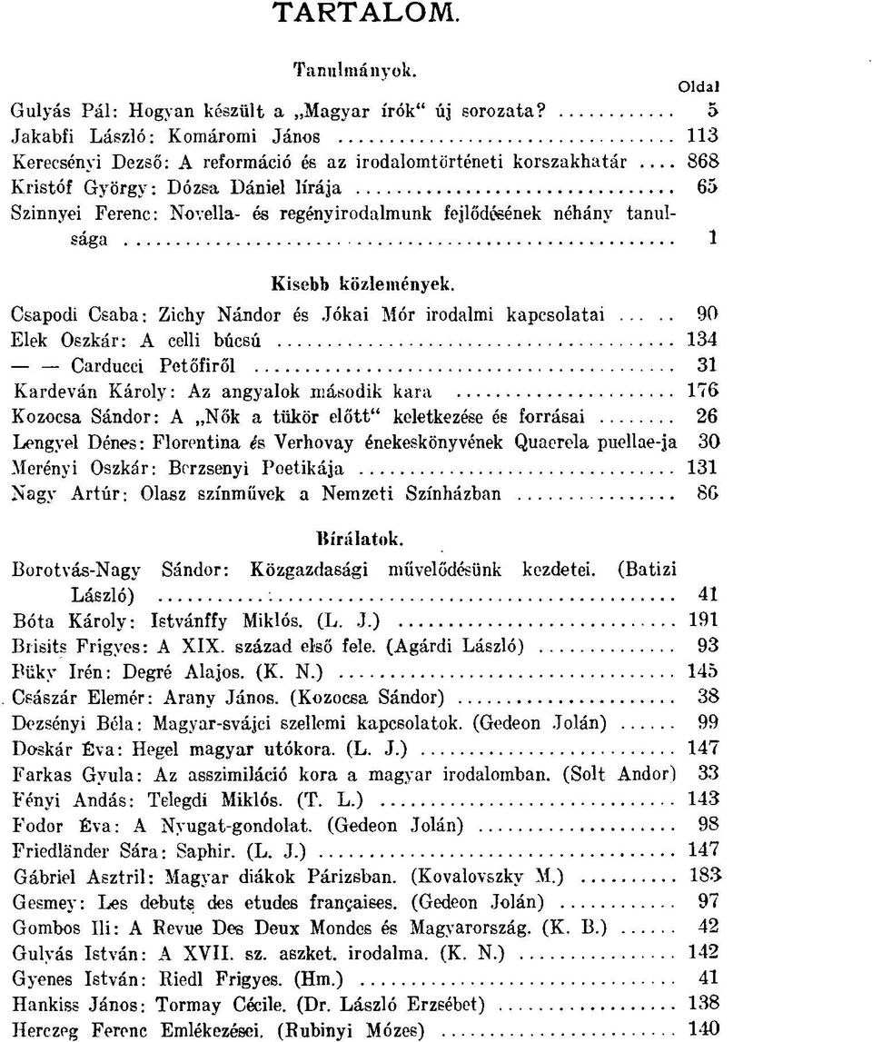 Csapodi Csaba: Zichy Nándor és Jókai Mór irodalmi kapcsolatai 90 Elek Oszkár: A celli búcsú 134 Carducci Petőfiről 31 Kardeván Károly: Az angyalok második kara 176 Kozocsa Sándor: A Nők a tükör