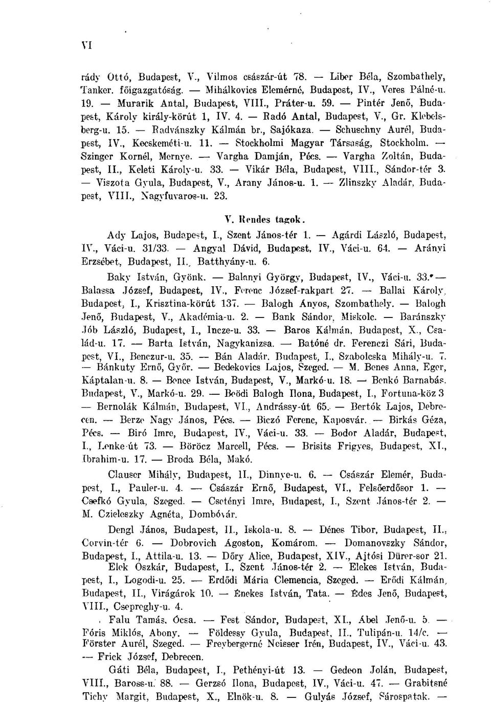 Stockholmi Magyar Társaság, Stockholm. Szinger Kornél, Mernye. - Vargha Dámján, Pécs. Vargha Zoltán, Budapest, II., Keleti Károly-u. 33. Vikár Béla, Budapest, VIII., Sándor-tér 3.