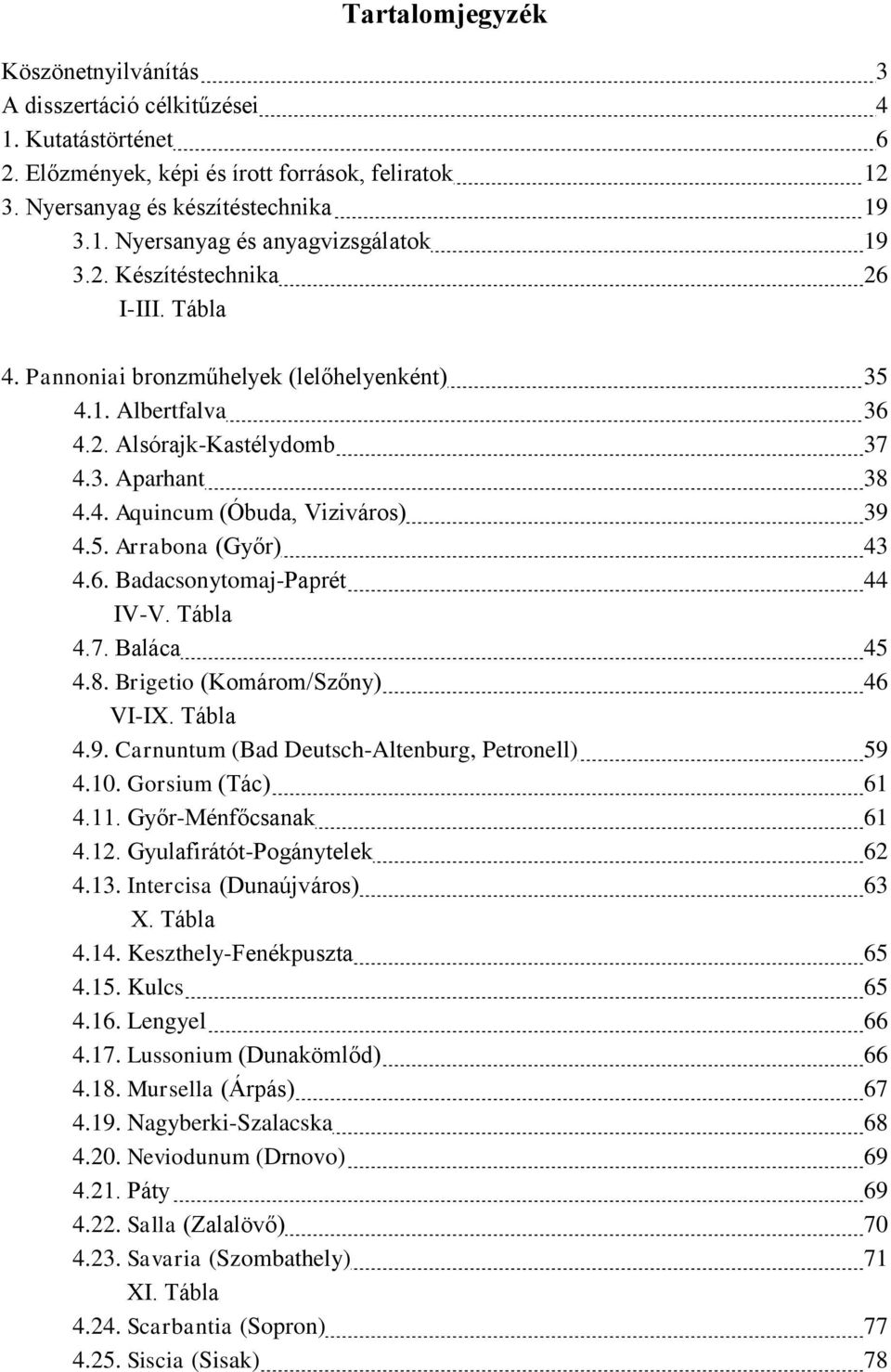 6. Badacsonytomaj-Paprét 44 IV-V. Tábla 4.7. Baláca 45 4.8. Brigetio (Komárom/Szőny) 46 VI-IX. Tábla 4.9. Carnuntum (Bad Deutsch-Altenburg, Petronell) 59 4.10. Gorsium (Tác) 61 4.11.