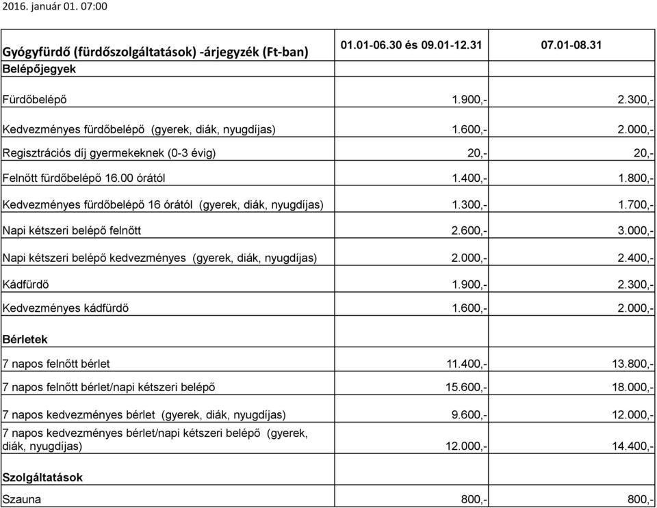 00 órától Kedvezményes fürdőbelépő 16 órától (gyerek, diák, nyugdíjas) 1.400,- 1.800,- 1.300,- 1.700,- Napi kétszeri belépő felnőtt 2.600,- 3.