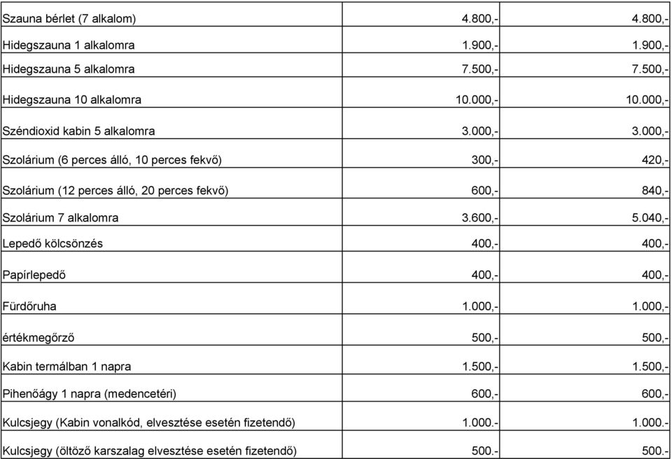 000,- Szolárium (6 perces álló, 10 perces fekvő) 300,- 420,- Szolárium (12 perces álló, 20 perces fekvő) 600,- 840,- Szolárium 7 alkalomra 3.600,- 5.