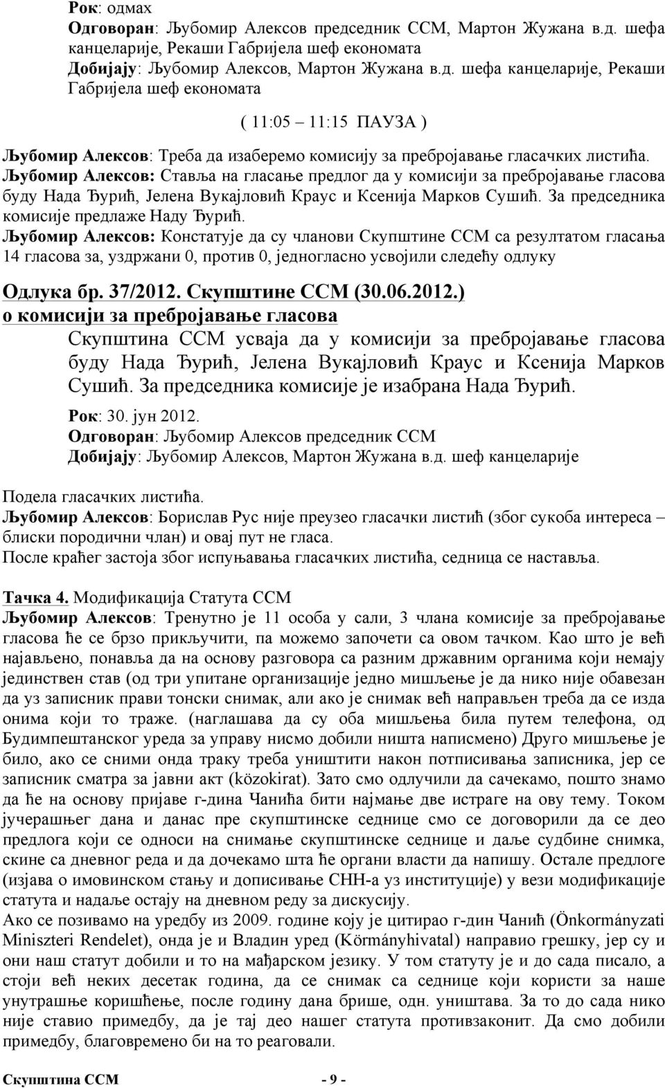 Љубомир Алексов: Констатује да су чланови Скупштине ССМ са резултатом гласања 14 гласова за, уздржани 0, против 0, једногласно усвојили следећу одлуку Одлука бр. 37/2012.