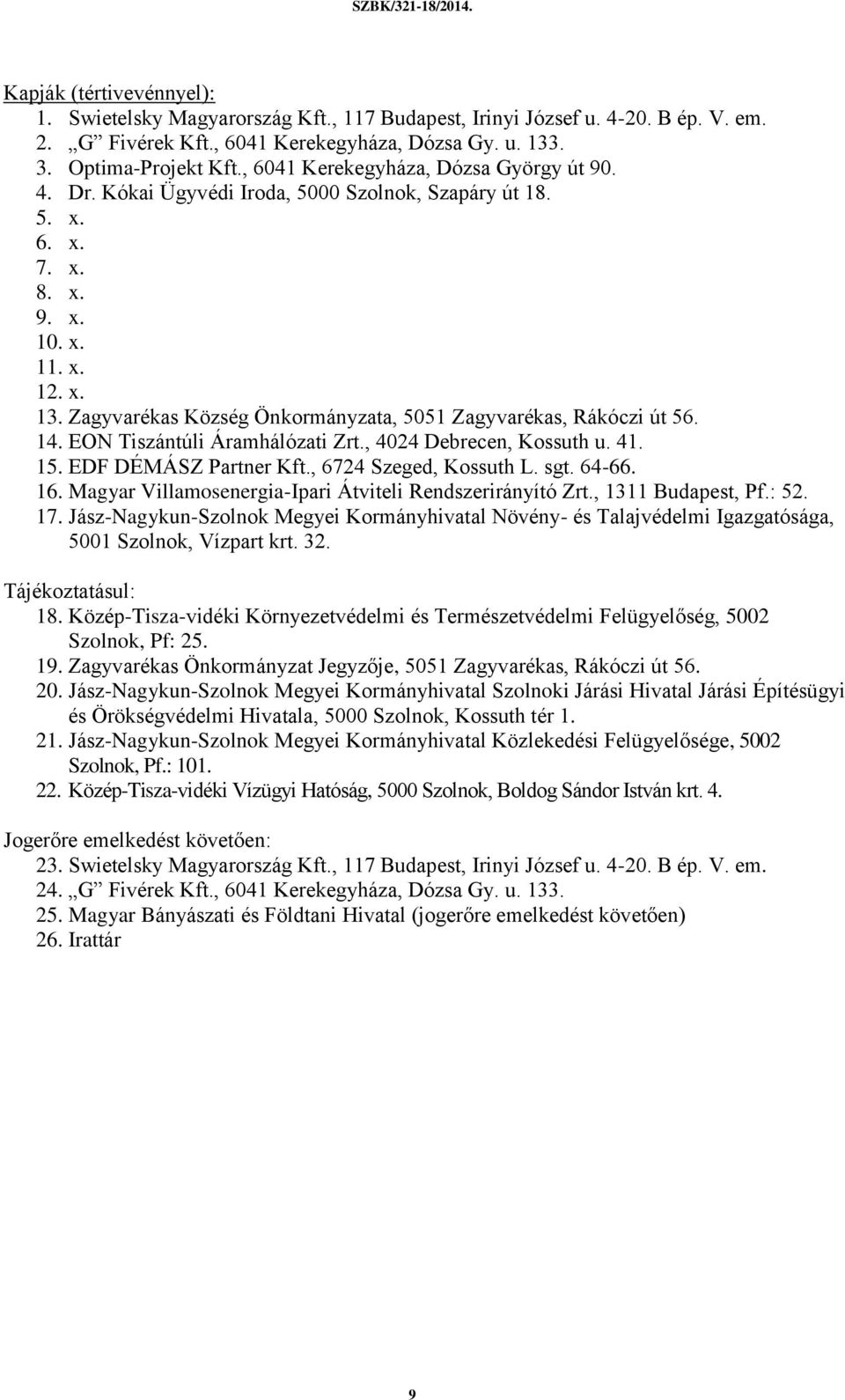 Zagyvarékas Község Önkormányzata, 5051 Zagyvarékas, Rákóczi út 56. 14. EON Tiszántúli Áramhálózati Zrt., 4024 Debrecen, Kossuth u. 41. 15. EDF DÉMÁSZ Partner Kft., 6724 Szeged, Kossuth L. sgt. 64-66.