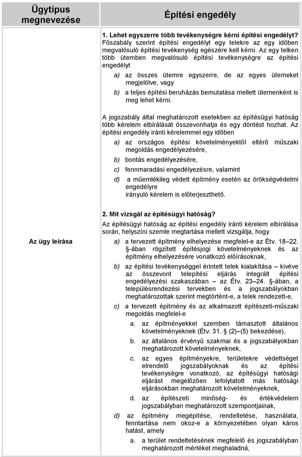 Az egy telken több ütemben megvalósuló építési tevékenységre az építési engedélyt a) az összes ütemre egyszerre, de az egyes ütemeket megjelölve, vagy b) a teljes építési beruházás bemutatása mellett