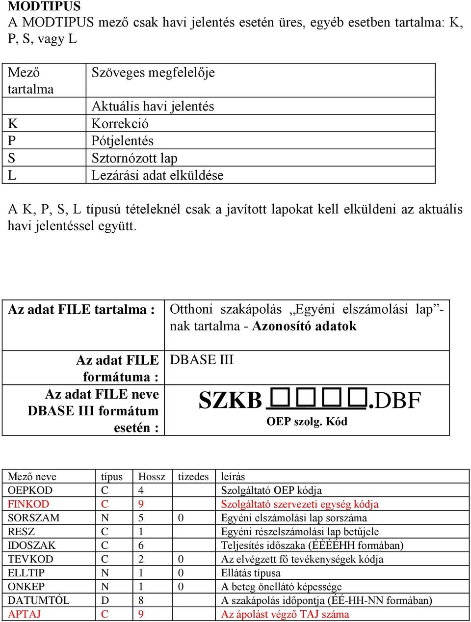 Az adat FILE : Otthoni szakápolás Egyéni elszámolási lap - nak - Azonosító adatok Az adat FILE formátuma : Az adat FILE neve DBASE III formátum esetén : DBASE III SZKB OEP szolg. Kód.
