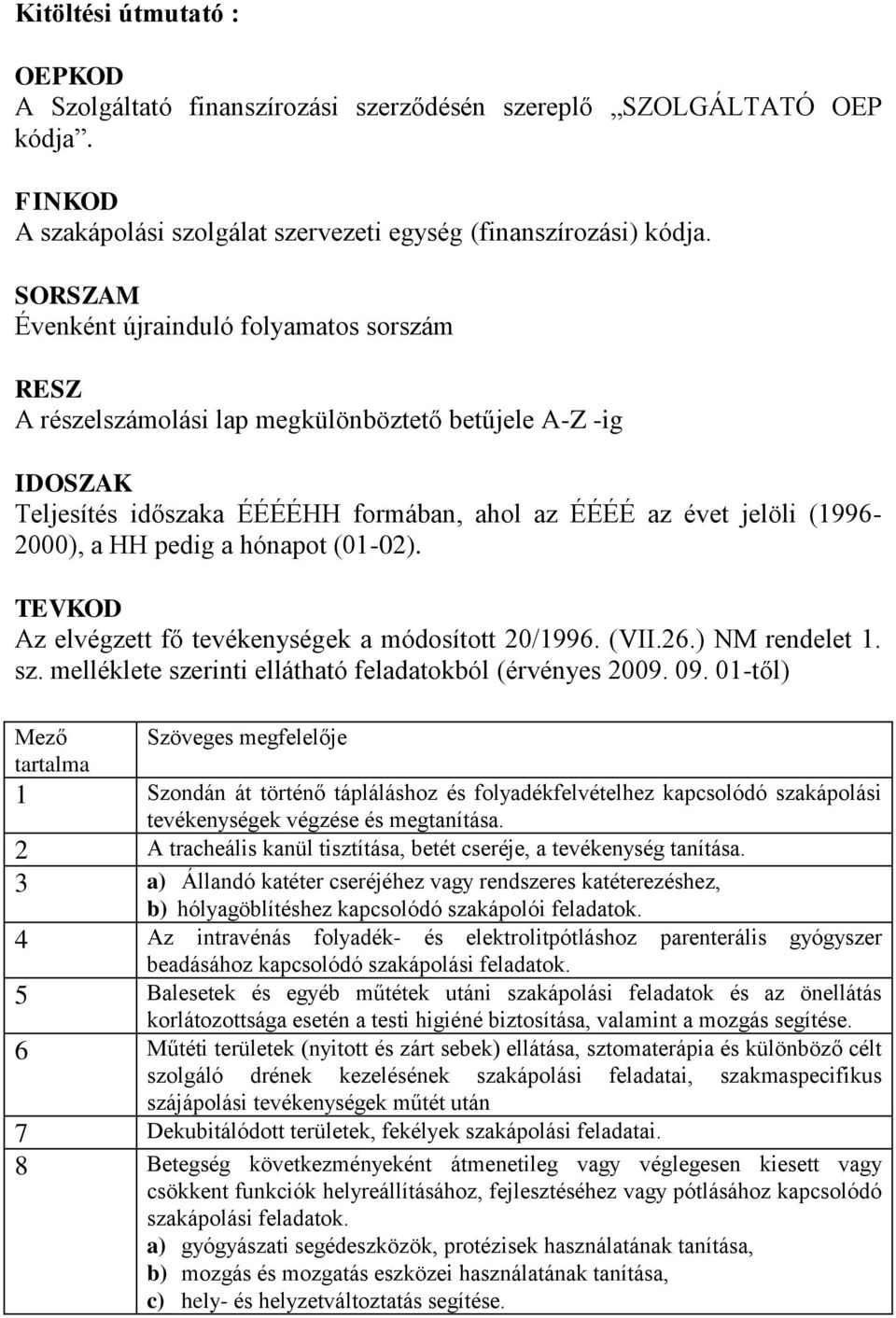 pedig a hónapot (01-02). TEVKOD Az elvégzett fő tevékenységek a módosított 20/1996. (VII.26.) NM rendelet 1. sz. melléklete szerinti ellátható feladatokból (érvényes 2009. 09.