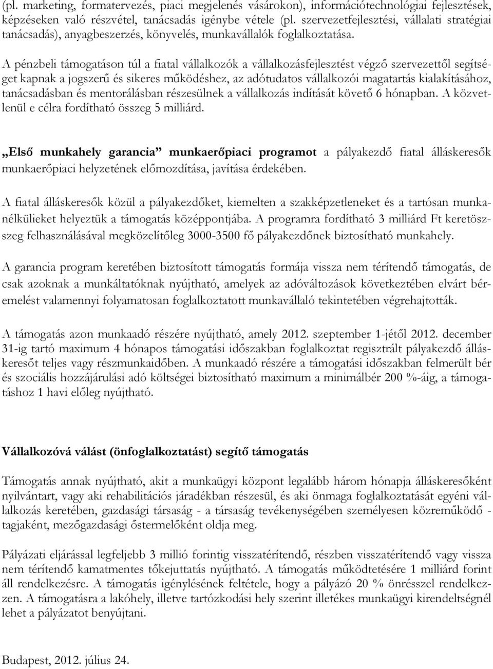 A pénzbeli támogatáson túl a fiatal vállalkozók a vállalkozásfejlesztést végző szervezettől segítséget kapnak a jogszerű és sikeres működéshez, az adótudatos vállalkozói magatartás kialakításához,