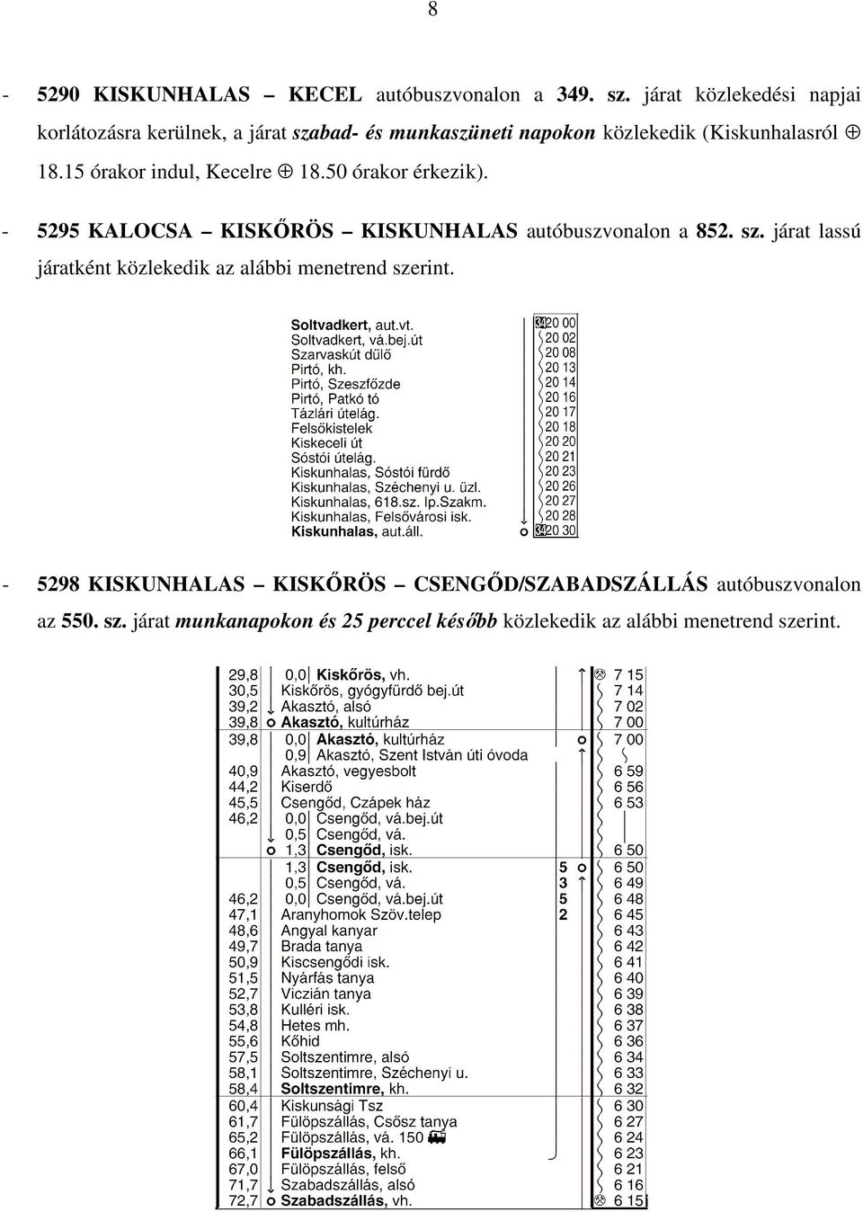 15 órakor indul, Kecelre 18.50 órakor érkezik). - 5295 KALOCSA KISKİRÖS KISKUNHALAS autóbuszvonalon a 852. sz.