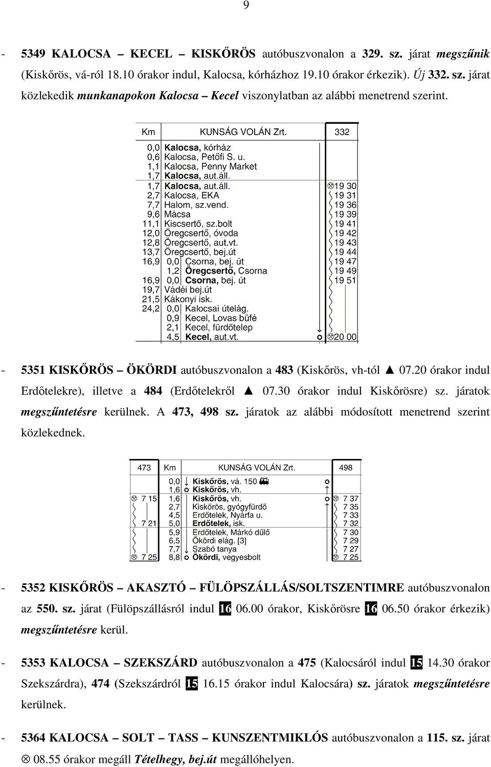 A 473, 498 sz. járatok az alábbi módosított menetrend szerint közlekednek. - 5352 KISKİRÖS AKASZTÓ FÜLÖPSZÁLLÁS/SOLTSZENTIMRE autóbuszvonalon az 550. sz. járat (Fülöpszállásról indul 16 06.