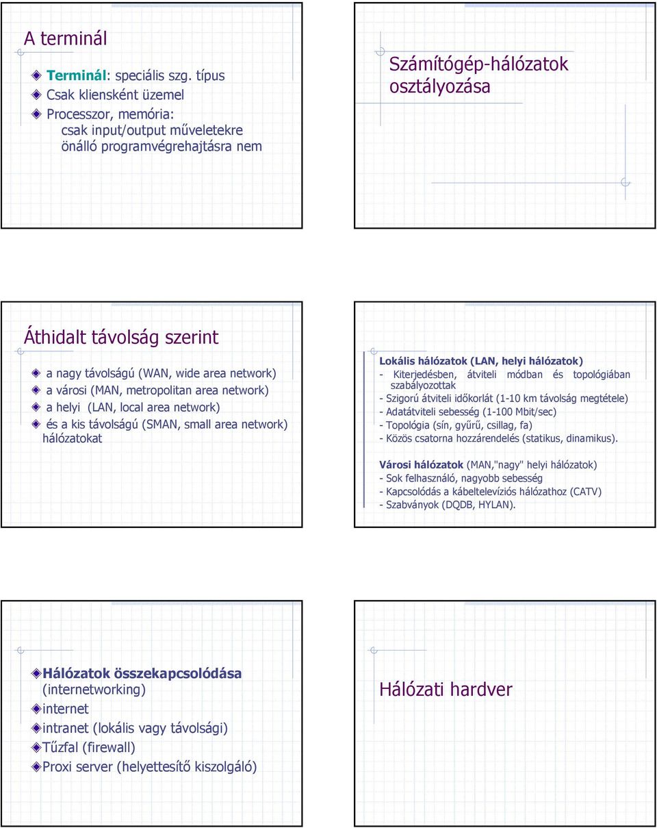 area network) a városi (MAN, metropolitan area network) a helyi (LAN, local area network) és a kis távolságú (SMAN, small area network) hálózatokat Lokális hálózatok (LAN, helyi hálózatok) -
