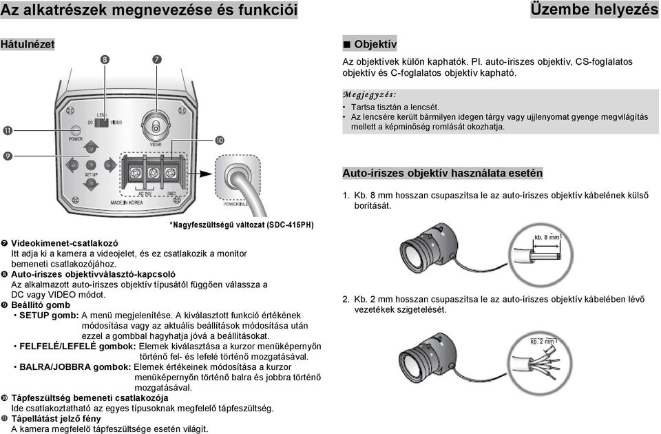 8 mm hosszan csupaszítsa le az auto-íriszes objektív kábelének külső borítását.