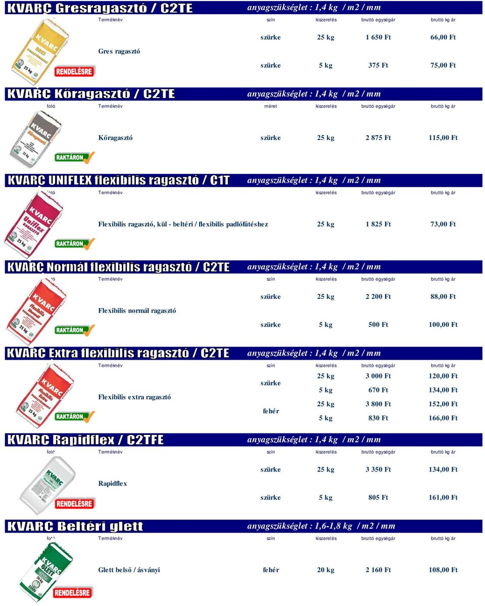 szürke 5 kg 500 Ft 100,00 Ft 25 kg 3 000 Ft 120,00 Ft szürke 5 kg 670 Ft 134,00 Ft Flexibilis extra ragasztó 25 kg 3 800 Ft 152,00 Ft fehér 5 kg 830 Ft 166,00