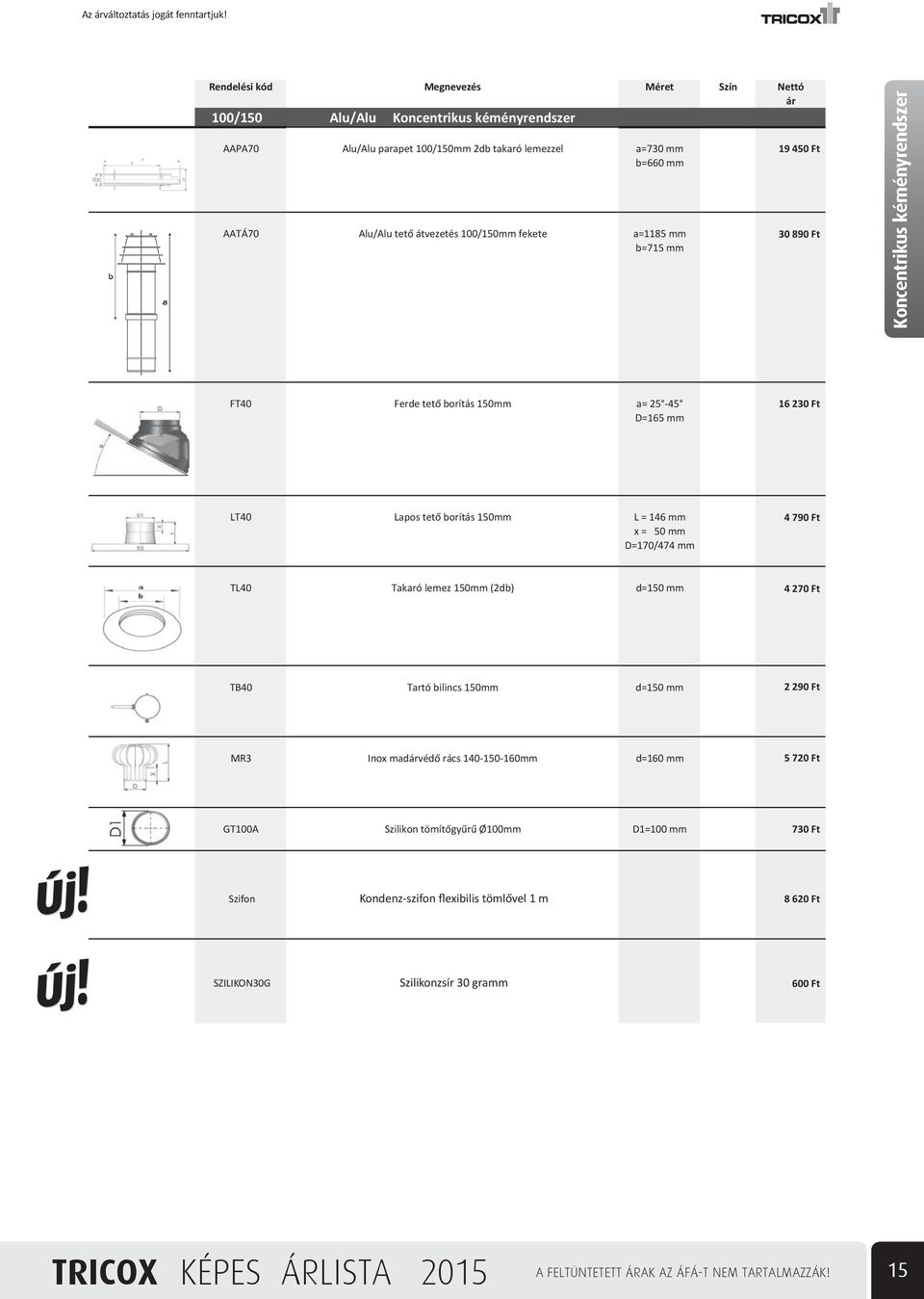Koncentrikus kéményrendszer FT40 Ferde tet borítás 150mm a= 25-45 D=165 mm 16 230 Ft LT40 Lapos tet borítás 150mm L = 146 mm x = 50 mm D=170/474 mm 4 790 Ft TL40 Takaró lemez 150mm (2db) d=150 mm 4