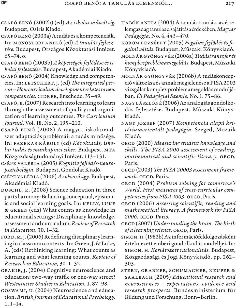 Csapó Benő (2004) Knowledge and competencies. In: Letschert, J. (ed) The integrated person How curriculum development relates to new competencies. CIDREE, Enschede. 35 49. Csapó, B.