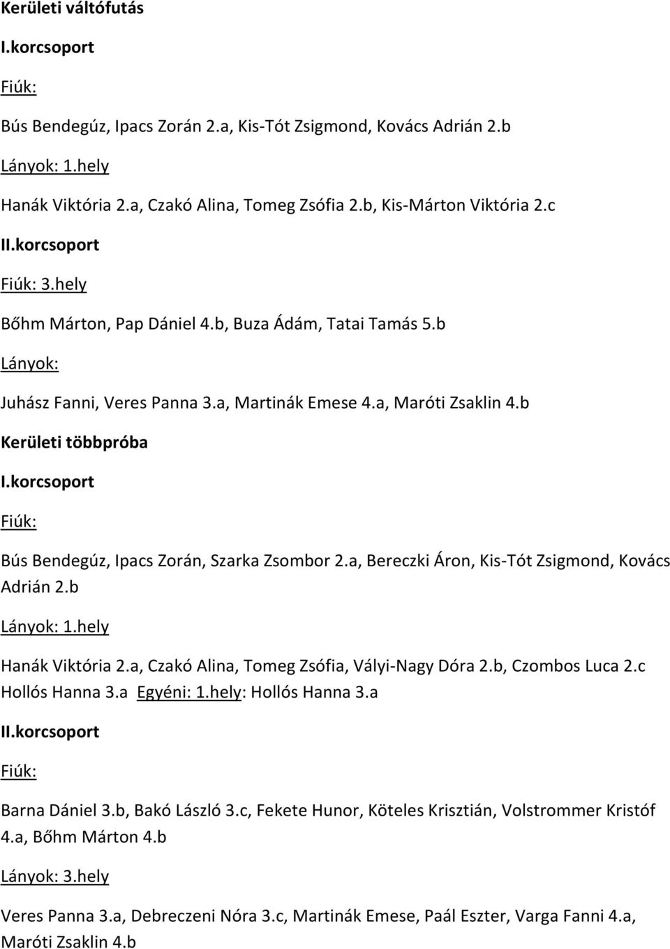 korcsoport Fiúk: Bús Bendegúz, Ipacs Zorán, Szarka Zsombor 2.a, Bereczki Áron, Kis-Tót Zsigmond, Kovács Adrián 2.b Lányok: Hanák Viktória 2.a, Czakó Alina, Tomeg Zsófia, Vályi-Nagy Dóra 2.