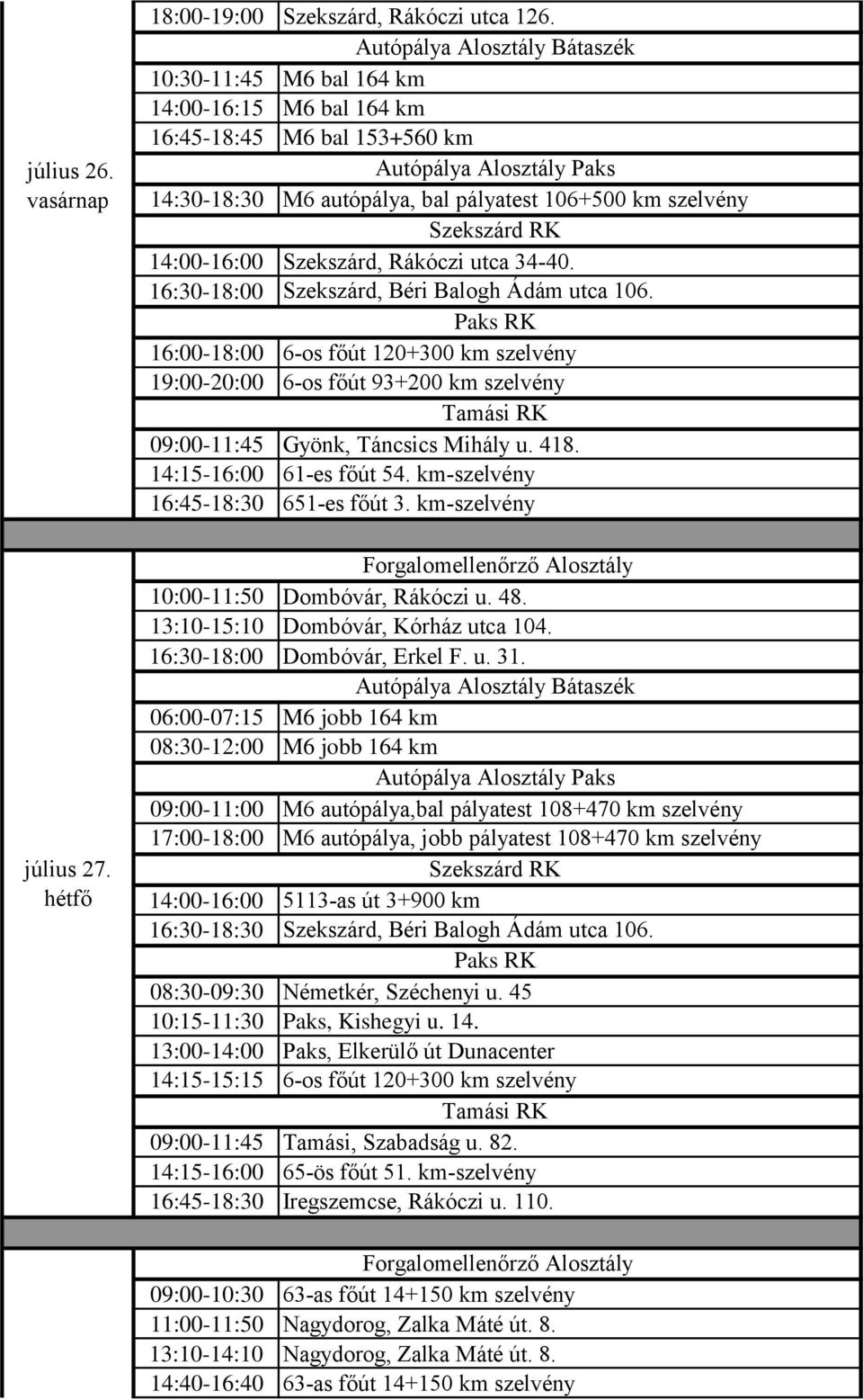 16:30-18:00 Szekszárd, Béri Balogh Ádám utca 106. 16:00-18:00 6-os főút 120+300 km szelvény 19:00-20:00 6-os főút 93+200 km szelvény 09:00-11:45 Gyönk, Táncsics Mihály u. 418.