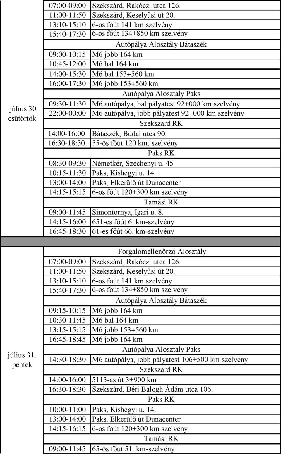 14:00-16:00 Bátaszék, Budai utca 90. 16:30-18:30 55-ös főút 120 km. szelvény 08:30-09:30 Németkér, Széchenyi u. 45 10:15-11:30 Paks, Kishegyi u. 14.