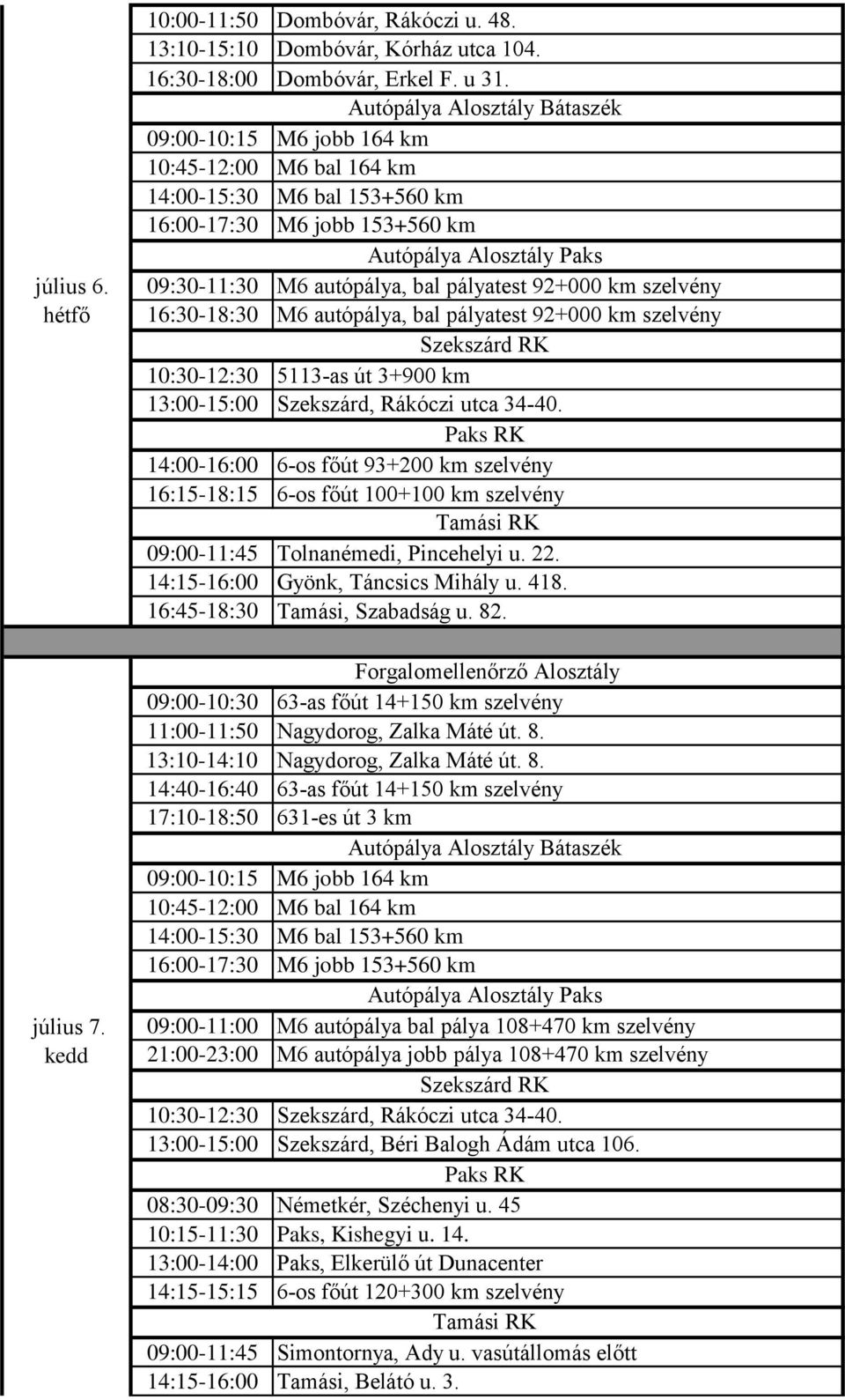 14:00-16:00 6-os főút 93+200 km szelvény 16:15-18:15 6-os főút 100+100 km szelvény 09:00-11:45 Tolnanémedi, Pincehelyi u. 22. 14:15-16:00 Gyönk, Táncsics Mihály u. 418.