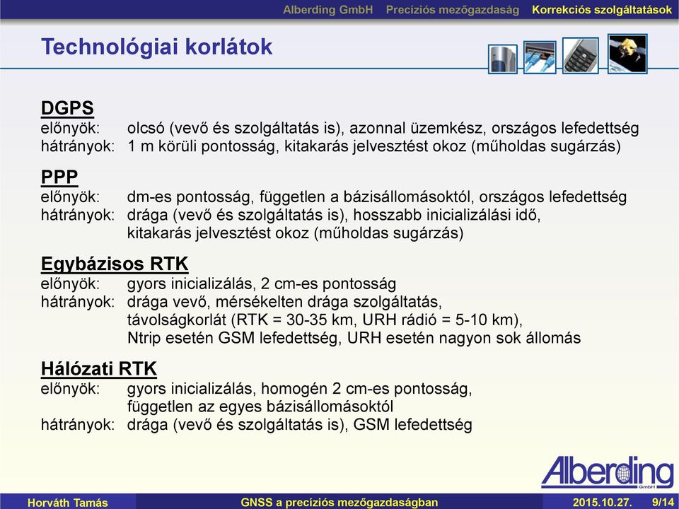 előnyök: dm-es pontosság, független a bázisállomásoktól, országos lefedettség hátrányok: drága (vevő és szolgáltatás is), hosszabb inicializálási idő, kitakarás jelvesztést okoz (műholdas sugárzás)