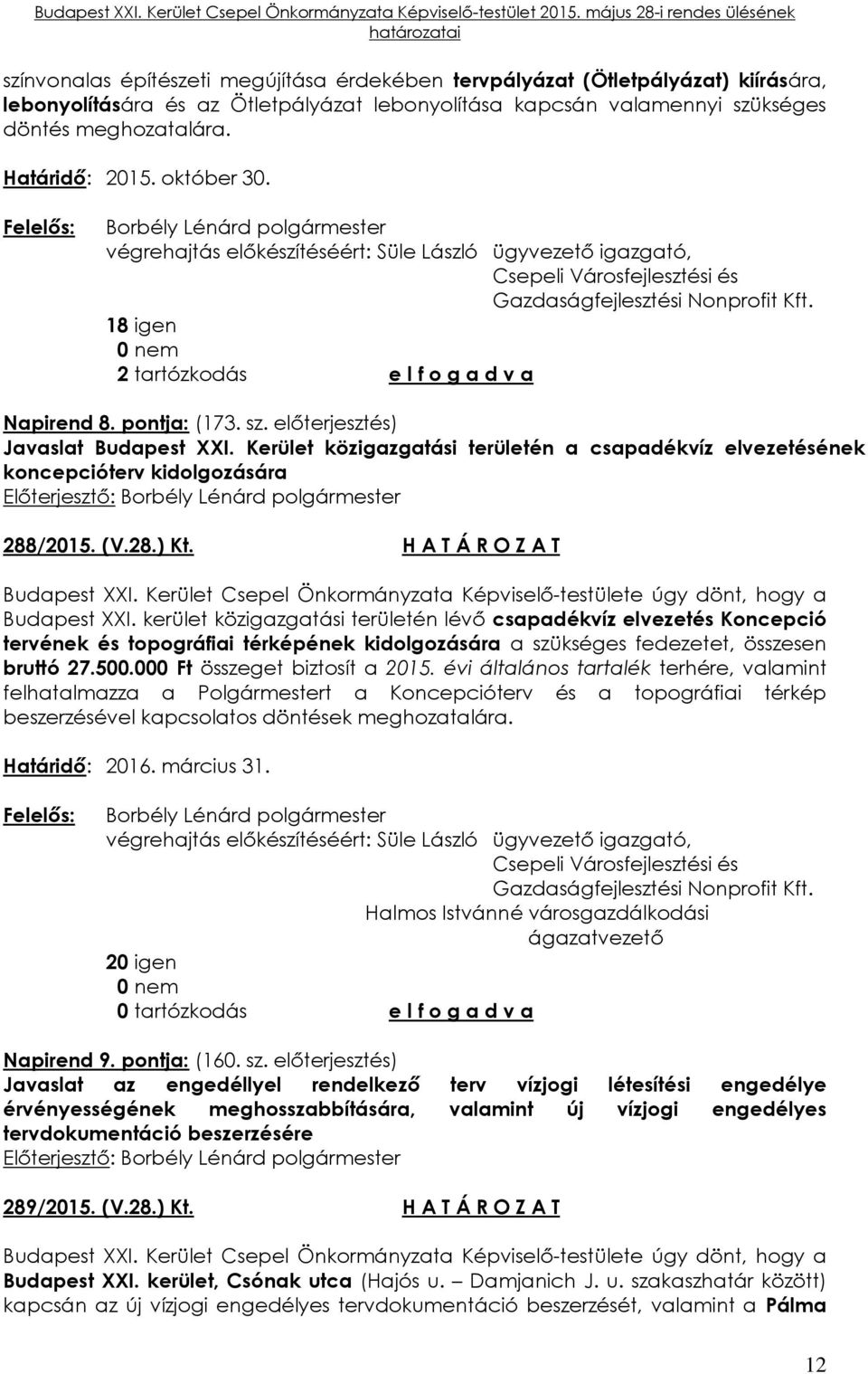 pontja: (173. sz. előterjesztés) Javaslat Budapest XXI. Kerület közigazgatási területén a csapadékvíz elvezetésének koncepcióterv kidolgozására 288/2015. (V.28.) Kt. H A T Á R O Z A T Budapest XXI.