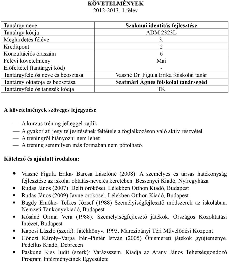 Vassné Figula Erika- Barcsa Lászlóné (2008): A személyes és társas hatékonyság fejlesztése az iskolai oktatás-nevelés keretében. Bessenyei Kiadó, Nyíregyháza Rudas János (2007): Delfi örökösei.