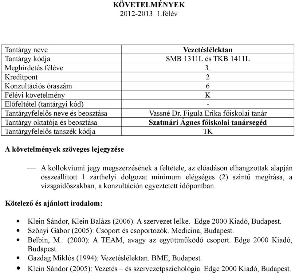 szintű megírása, a vizsgaidőszakban, a konzultáción egyeztetett időpontban. Klein Sándor, Klein Balázs (2006): A szervezet lelke.