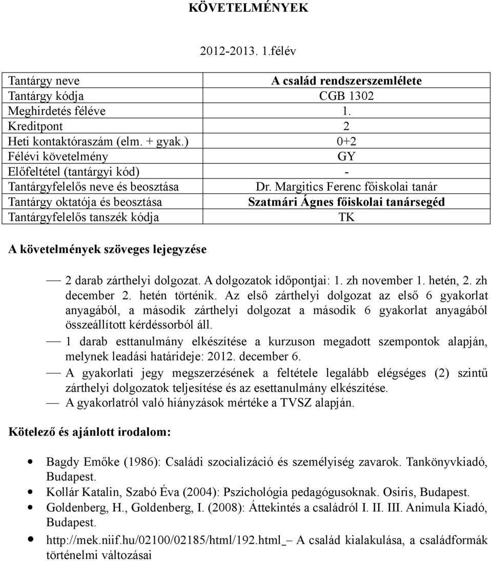 1 darab esttanulmány elkészítése a kurzuson megadott szempontok alapján, melynek leadási határideje: 2012. december 6.