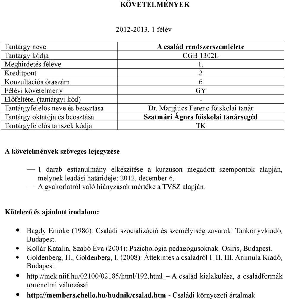 A gyakorlatról való hiányzások mértéke a TVSZ alapján. Bagdy Emőke (1986): Családi szocializáció és személyiség zavarok.